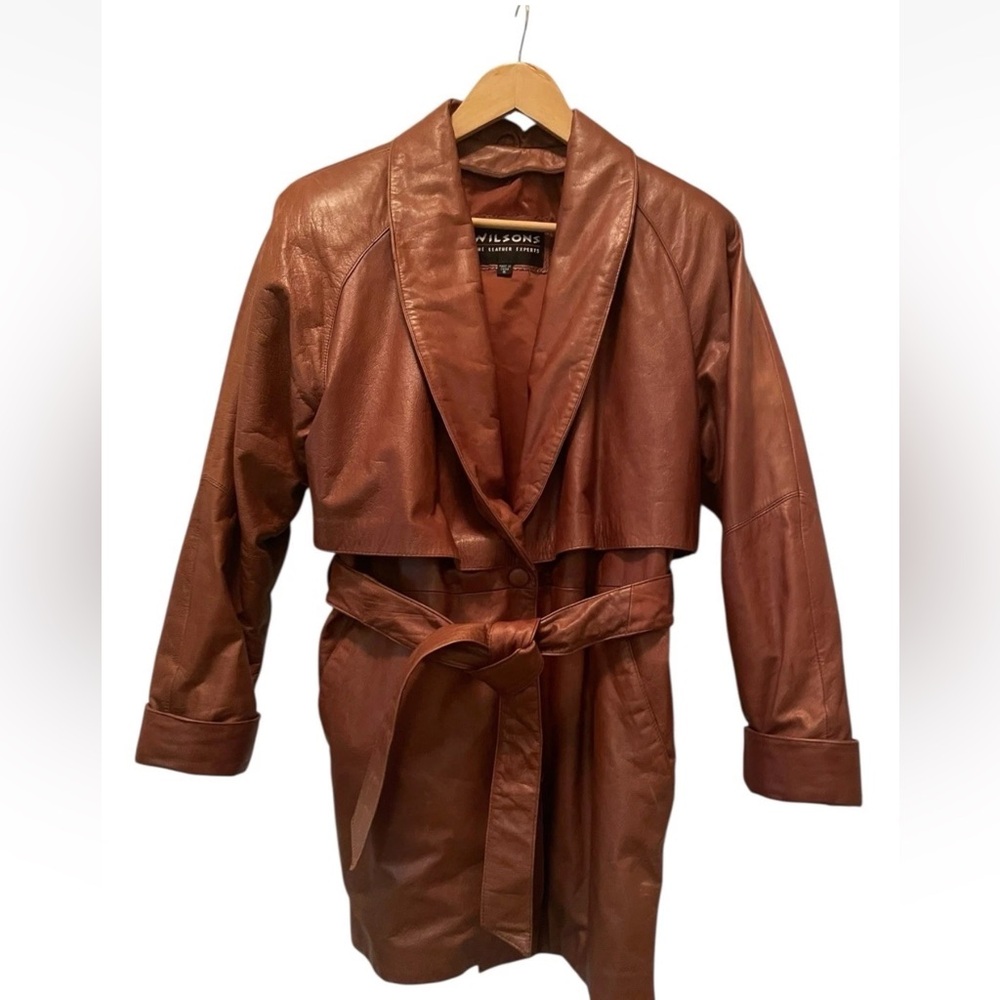 Vintage WILSONS Womens Brown 100% Leather Belted Jacket 1986 Small Chic Classy